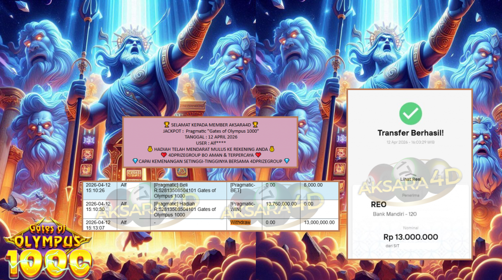 AKSARA4D JACKPOT PRAGMATIC “Gates of Olympus 1000″‎‏‏‎‎ Rp13.000.000,- LUNAS
