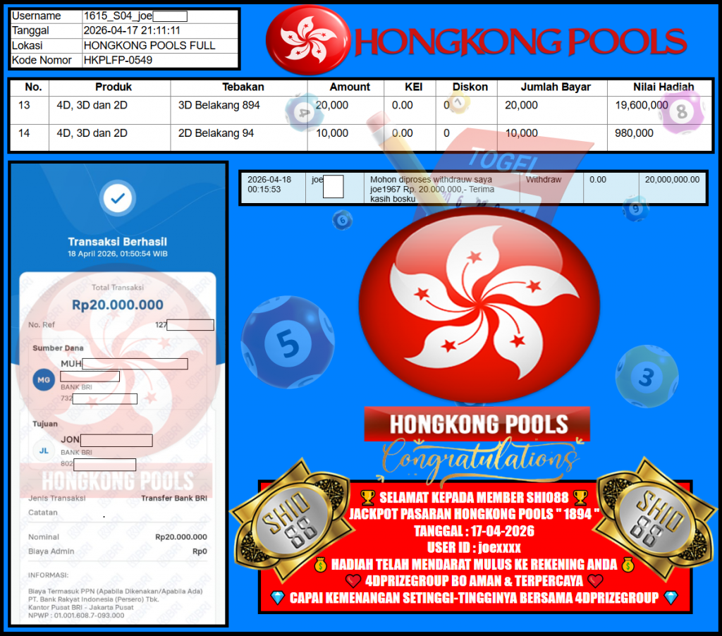 SHIO88 JACKPOT PASARAN HONGKONG POOLS ” 1894 ” ‎‎‏Rp 20.000.000,- LUNAS