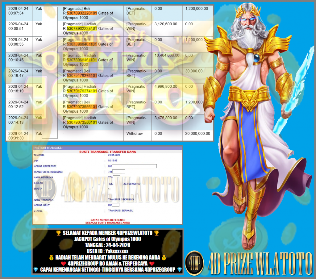 4DPRIZEWLATOTO JACKPOT PRAGMATIC ” Gates of Olympus 1000 “‎‏‏‎‎       Rp.20.000.000,- LUNAS