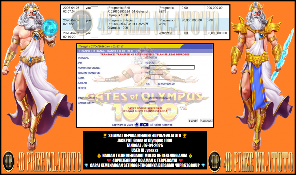 4DPRIZEWLATOTO JACKPOT PRAGMATIC ” Gates of Olympus 1000 “‎‏‏‎‎       Rp.30.000.000,- LUNAS