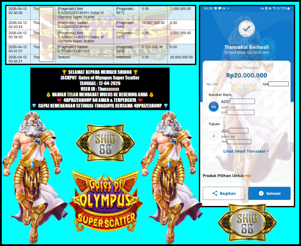 SHIO88 JACKPOT PRAGMATIC ” Gates of Olympus Super Scatter “‎‏‏‎‎         Rp.20.000.000,- LUNAS