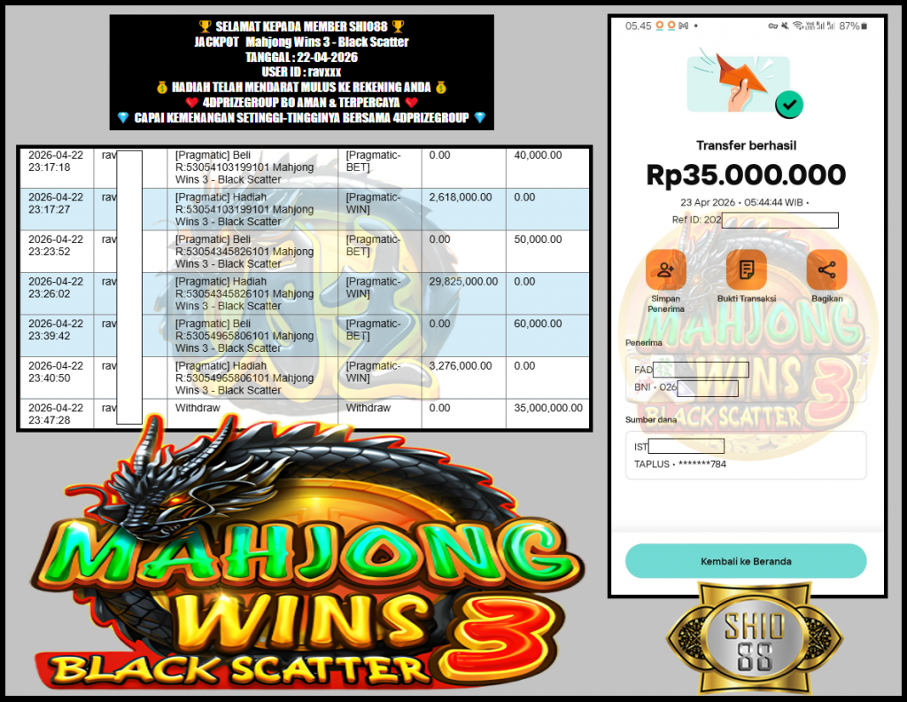 SHIO88 JACKPOT PRAGMATIC ” Mahjong Wins 3 – Black Scatter “‎‏‏‎‎ Rp.35.000.000,- LUNAS