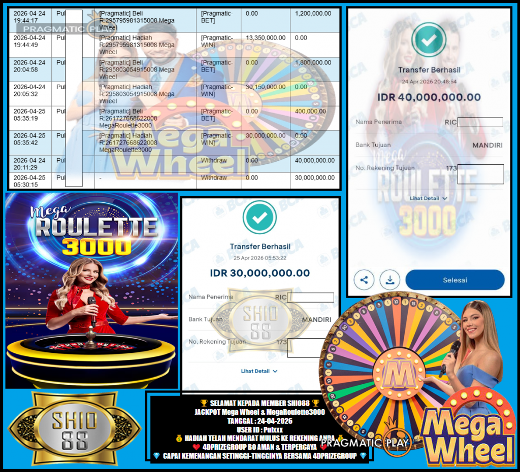 SHIO88 JACKPOT PRAGMATIC ” Mega Wheel & MegaRoulette3000 “‎‏‏‎‎ Rp.70.000.000,- LUNAS
