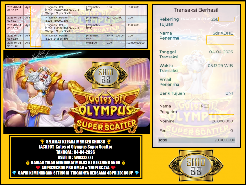 SHIO88 JACKPOT PRAGMATIC ” Gates of Olympus Super Scatter “‎‏‏‎‎         Rp.20.000.000,- LUNAS