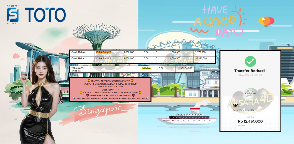 AKSARA4D JACKPOT PASARAN SINGAPORE (SELASA & JUMAT OFF) “8395”‎‏‏‎ Rp12.451.000,- LUNAS