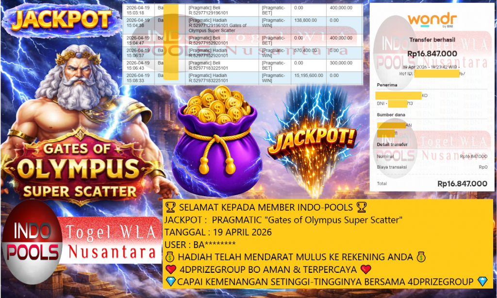 INDO-POOLS JACKPOT PRAGMATIC “Gates of Olympus Super Scatter” Rp16.847.000,- LUNAS