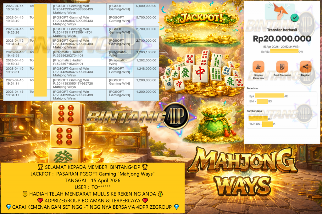 BINTANG4DP JACKPOT PGSOFT Gaming “Mahjong Ways” Rp20.000.000,- LUNAS