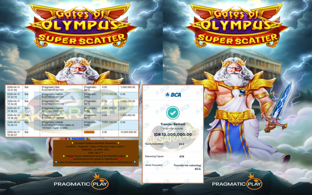 AKSARA4D JACKPOT PRAGMATIC “Gates of Olympus Super Scatter”‎‏‏‎‎ Rp13.000.000,- LUNAS