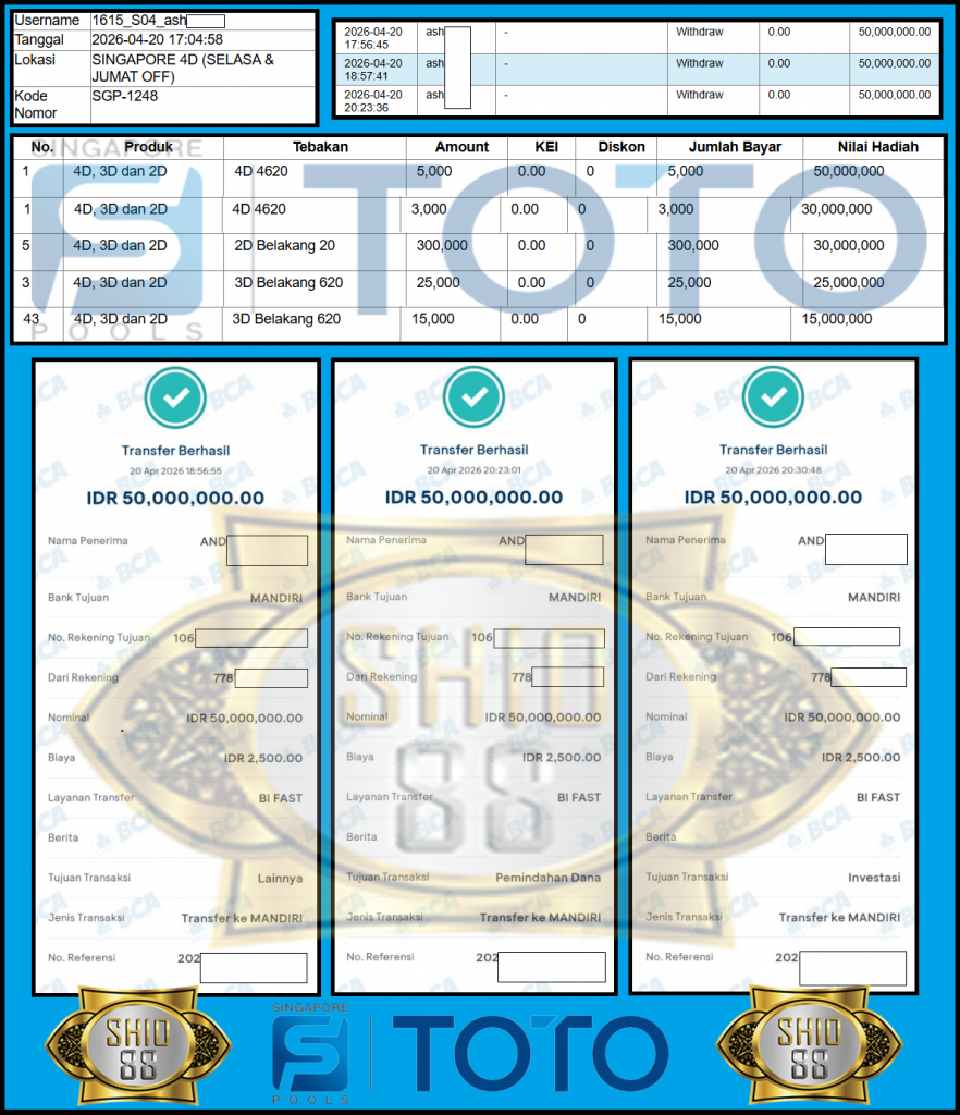 SHIO88 JACKPOT PASARAN SINGAPORE 4D ” 4620 ” ‎‎‏Rp 150.000.000,- LUNAS