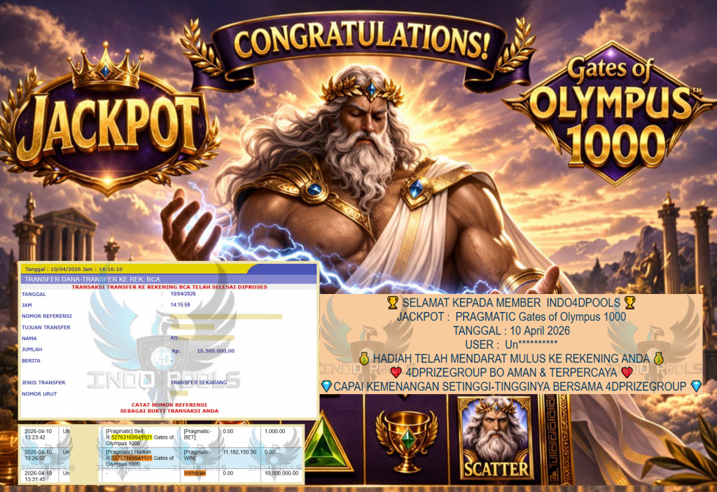 INDO4DPOOLS JACKPOT PRAGMATIC ” Gates of Olympus 1000 ” Rp 10,500,000,- LUNAS