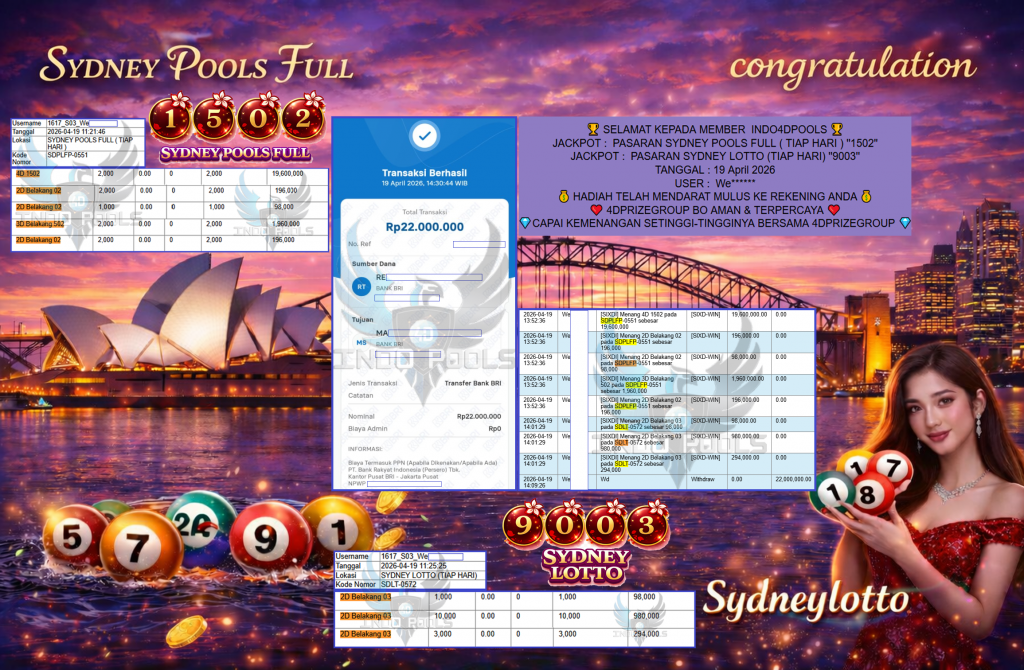 INDO4DPOOLS JACKPOT PASARAN ” SYDNEY POOLS FULL ( TIAP HARI ) ”1502” ” SYDNEY LOTTO (TIAP HARI) ”9003” Rp 22,000,000,- LUNAS