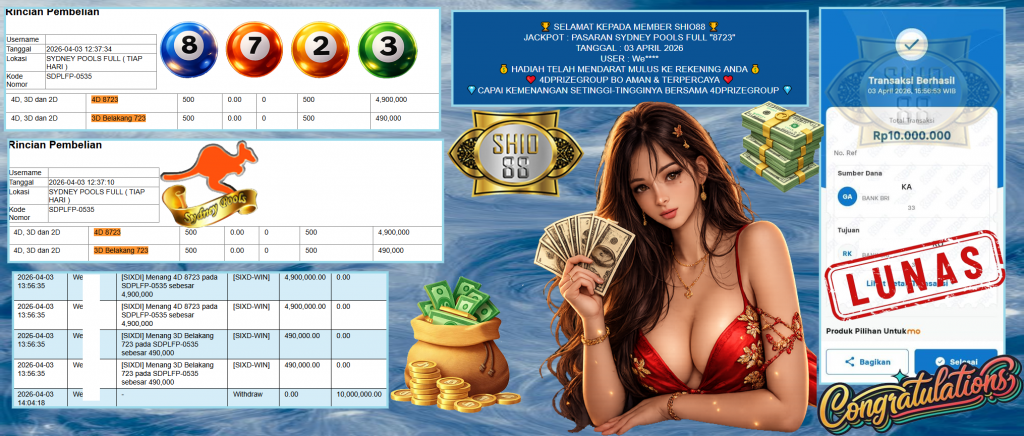 SHIO88 JACKPOT PASARAN SYDNEY POOLS FULL “8723” Rp10.000.000,- LUNAS