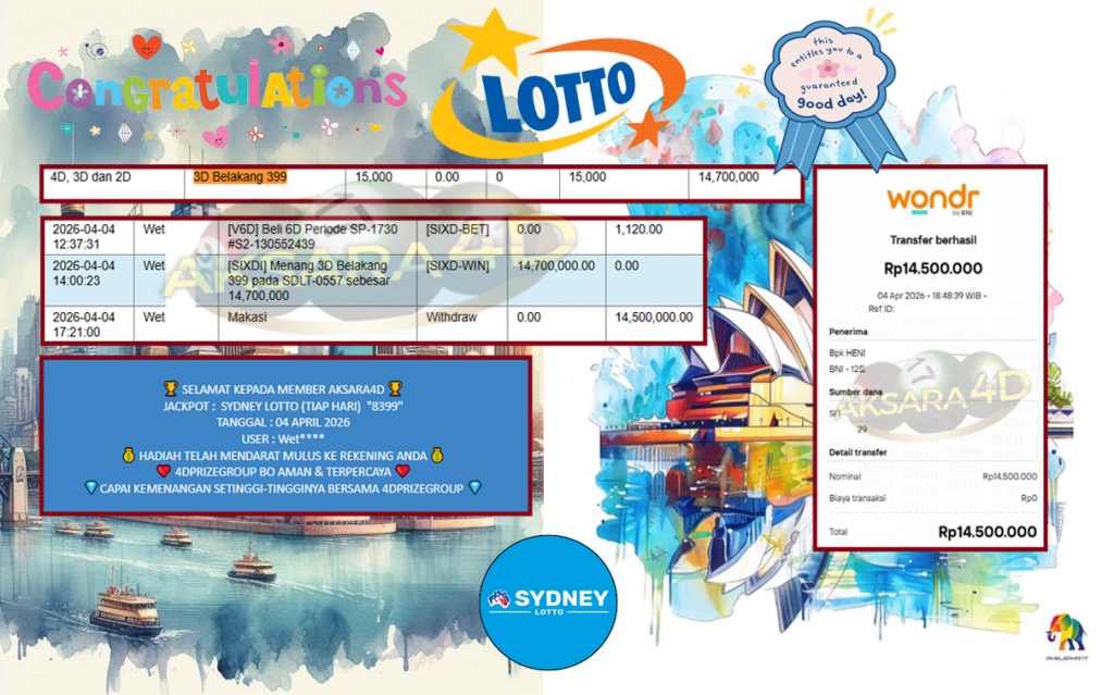 AKSARA4D JACKPOT SYDNEY LOTTO (TIAP HARI) “8399” Rp14.500.000,- LUNAS