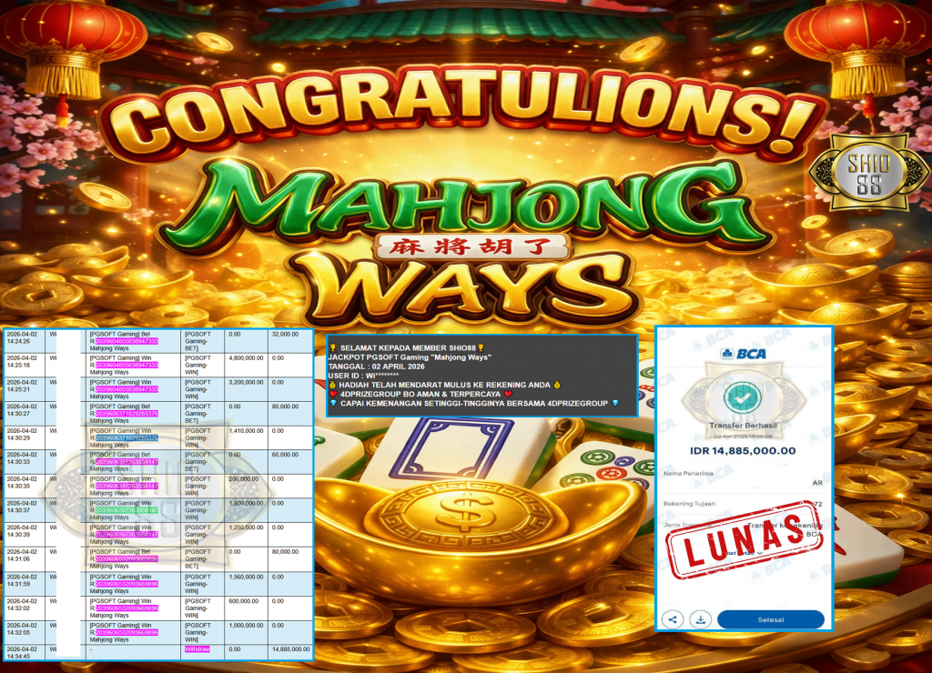 SHIO88 JACKPOT PGSOFT “Mahjong Ways” Rp14.885.000,- LUNAS