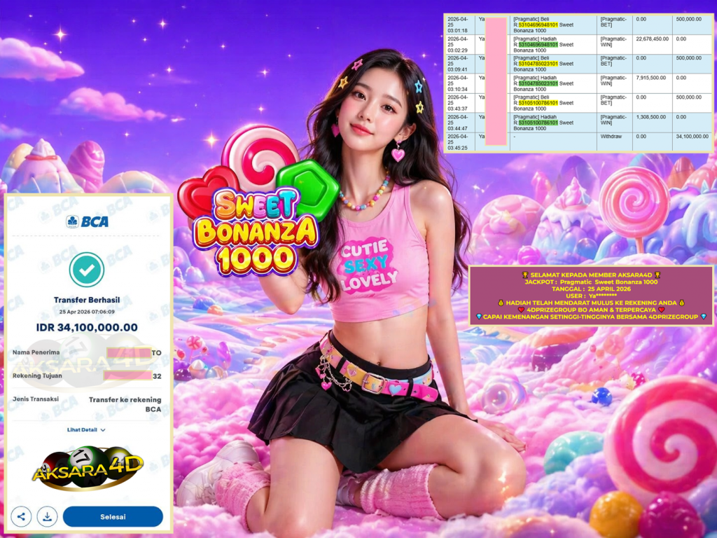 AKSARA4D JACKPOT PRAGMATIC ” Sweet Bonanza 1000 ” Rp 34.100.000,- LUNAS
