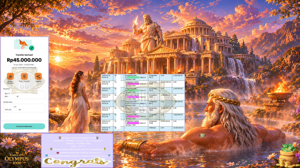 SHIO88 JACKPOT PRAGMATIC SLOT “Gates of Olympus 1000” Rp45.000.000,- LUNAS