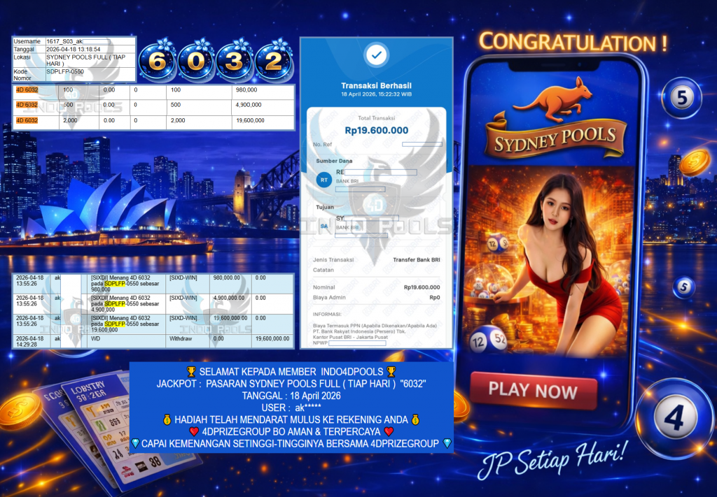 INDO4DPOOLS JACKPOT PASARAN ” SYDNEY POOLS FULL ( TIAP HARI ) ” 6032″ ” Rp 19,600,000,- LUNAS
