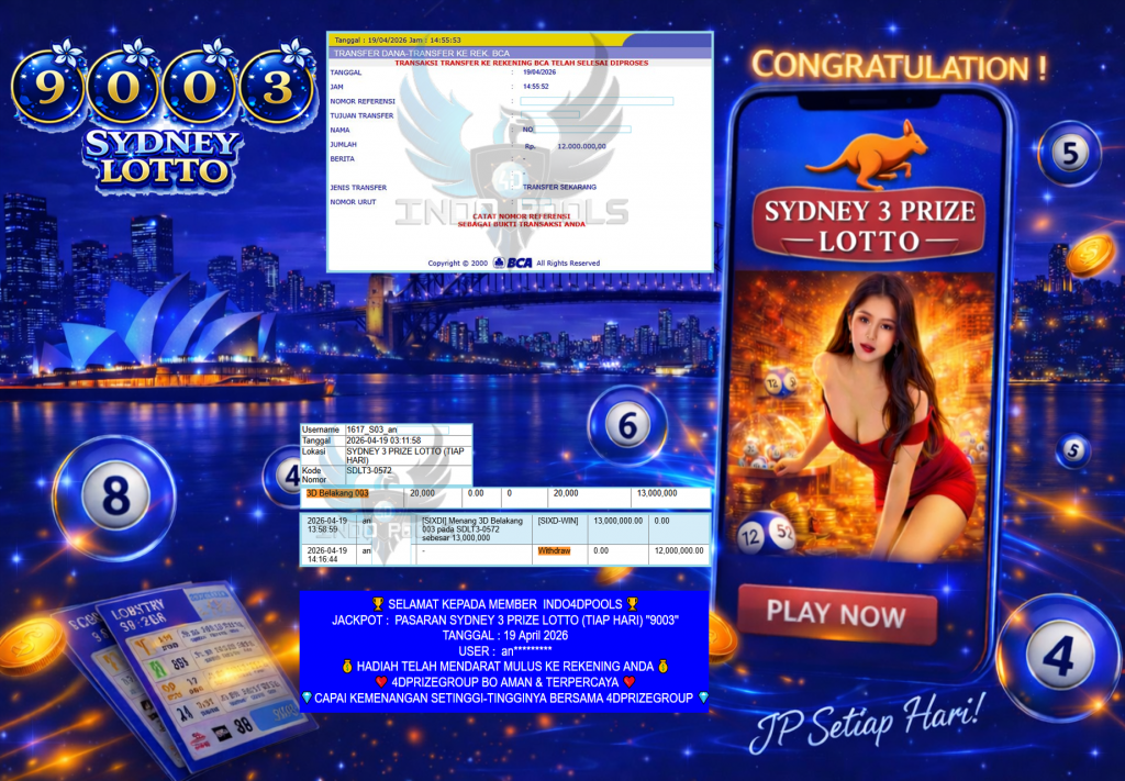 INDO4DPOOLS JACKPOT PASARAN ” SYDNEY 3 PRIZE LOTTO (TIAP HARI) ” 9003″ ” Rp 12,000,000,- LUNAS