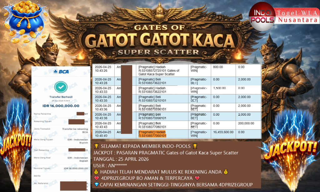 INDO-POOLS JACKPOT PRAGMATIC Gates of Gatot Kaca Super Scatter Rp16.000.000,- LUNAS