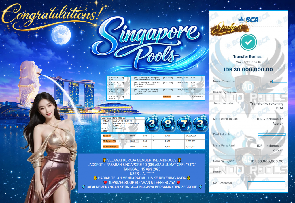 INDO4DPOOLS JACKPOT PASARAN ” SINGAPORE 4D (SELASA & JUMAT OFF) ” 3873″ ” Rp 30,000,000,- LUNAS