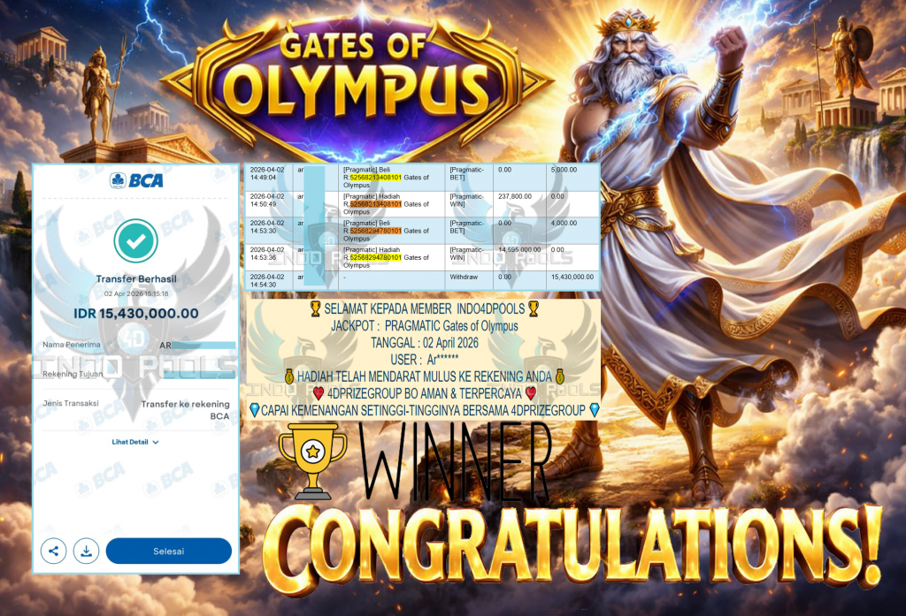 INDO4DPOOLS JACKPOT PRAGMATIC ” Gates of Olympus ” Rp 15,430,000,- LUNAS