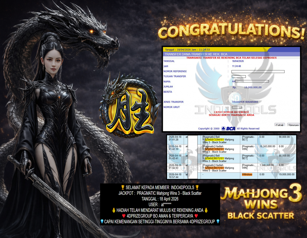 INDO4DPOOLS JACKPOT PRAGMATIC ” Mahjong Wins 3 – Black Scatter ” Rp 19,000,000,- LUNAS