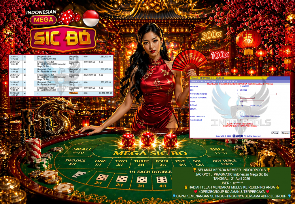 INDO4DPOOLS JACKPOT PRAGMATIC ” Indonesian Mega Sic Bo ” Rp 20,000,000,- LUNAS