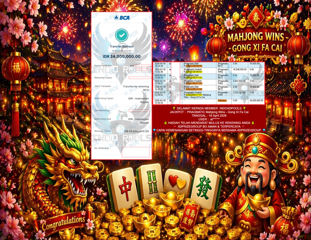INDO4DPOOLS JACKPOT PRAGMATIC ” Mahjong Wins – Gong Xi Fa Cai ” Rp 24,000,000,- LUNAS