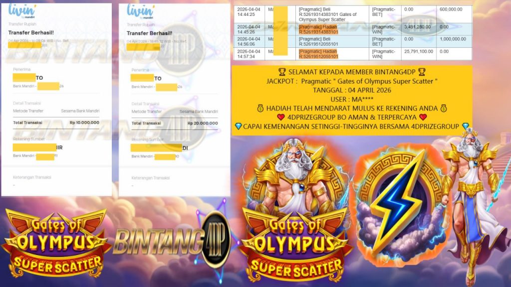 BINTANG4DP JACKPOT PRAGMATIC “Gates of Olympus Super Scatter ” Rp30.000.000,- LUNAS