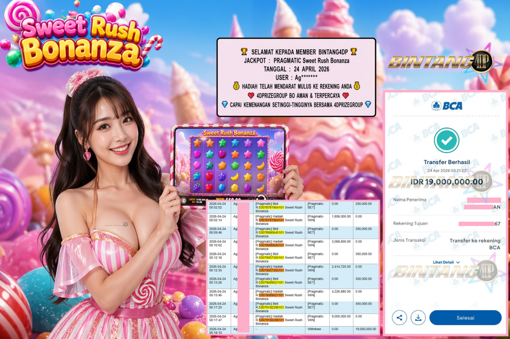 BINTANG4DP JACKPOT PRAGMATIC “Sweet Rush Bonanza”‎‏‏‎‎ Rp19.000.000,- LUNAS