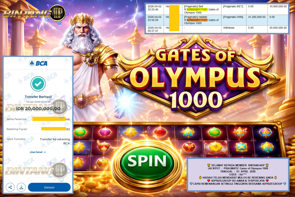 BINTANG4DP JACKPOT PRAGMATIC “Gates of Olympus 1000″‎‏‏‎‎ Rp20.000.000,- LUNAS