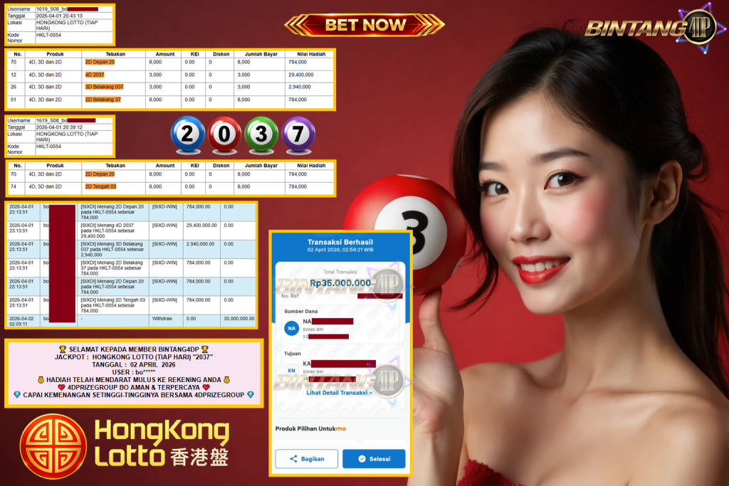 BINTANG4DP JACKPOT HONGKONG LOTTO (TIAP HARI) “2037”‎‏‏‎ Rp35.000.000,- LUNAS