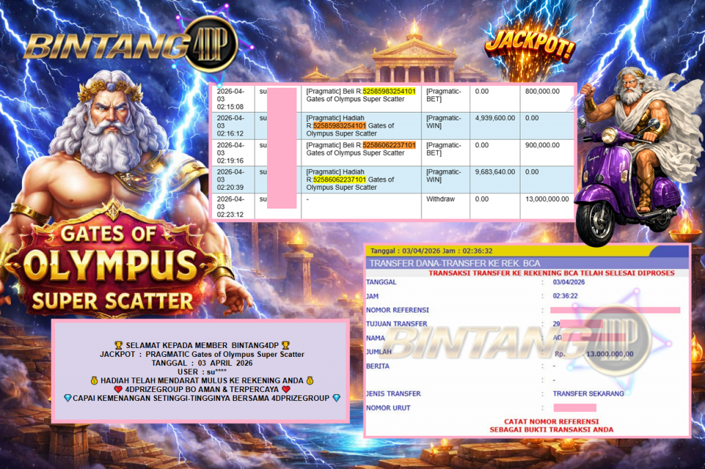 BINTANG4DP JACKPOT PRAGMATIC “Gates of Olympus Super Scatter”‎‏‏‎‎ Rp13.000.000,- LUNAS