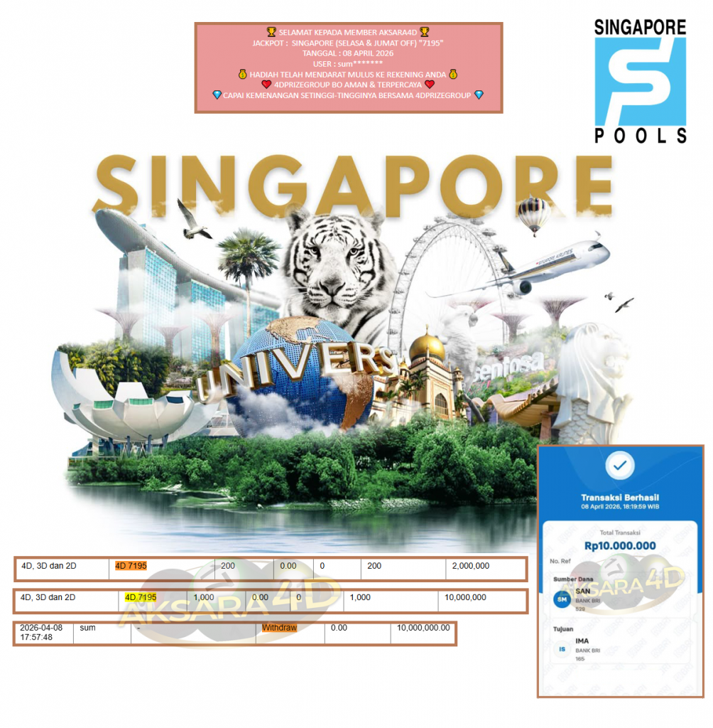 AKSARA4D JACKPOT PASARAN SINGAPORE (SELASA & JUMAT OFF) “7195” Rp10.000.000,- LUNAS