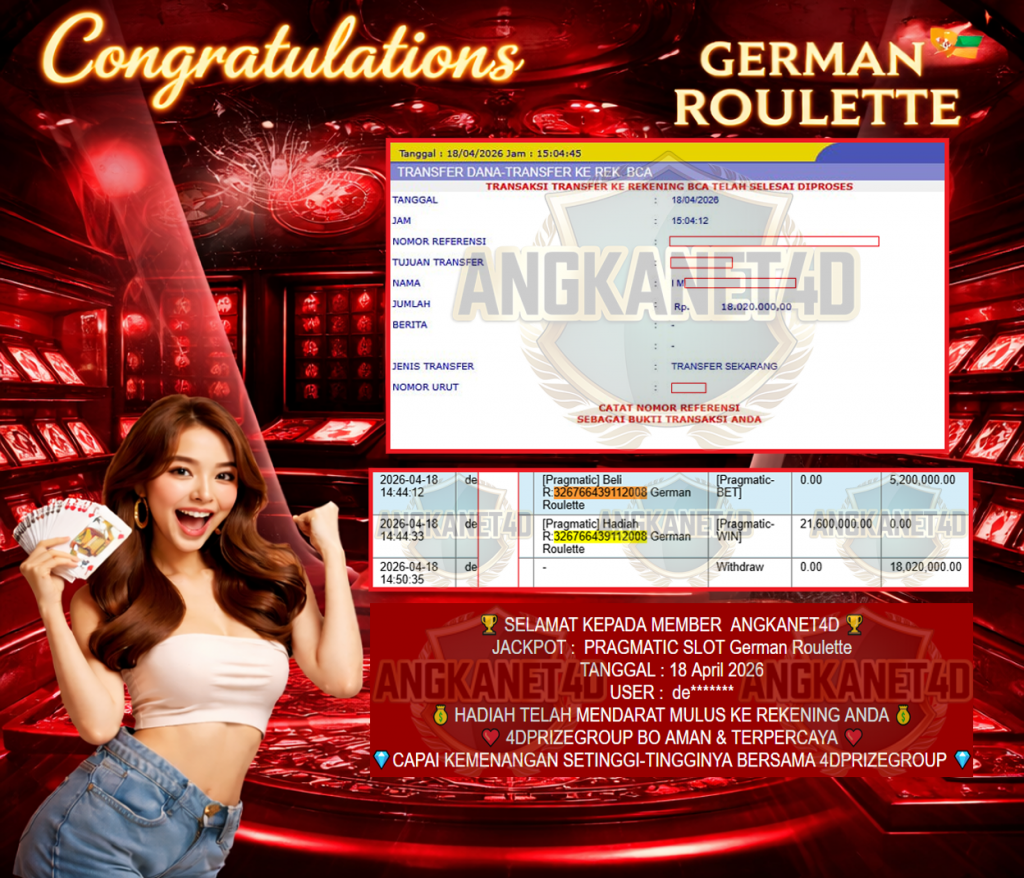 ANGKANET4D JACKPOT PRAGMATIC SLOT ” German Roulette ” Rp 18,020,000,- LUNAS