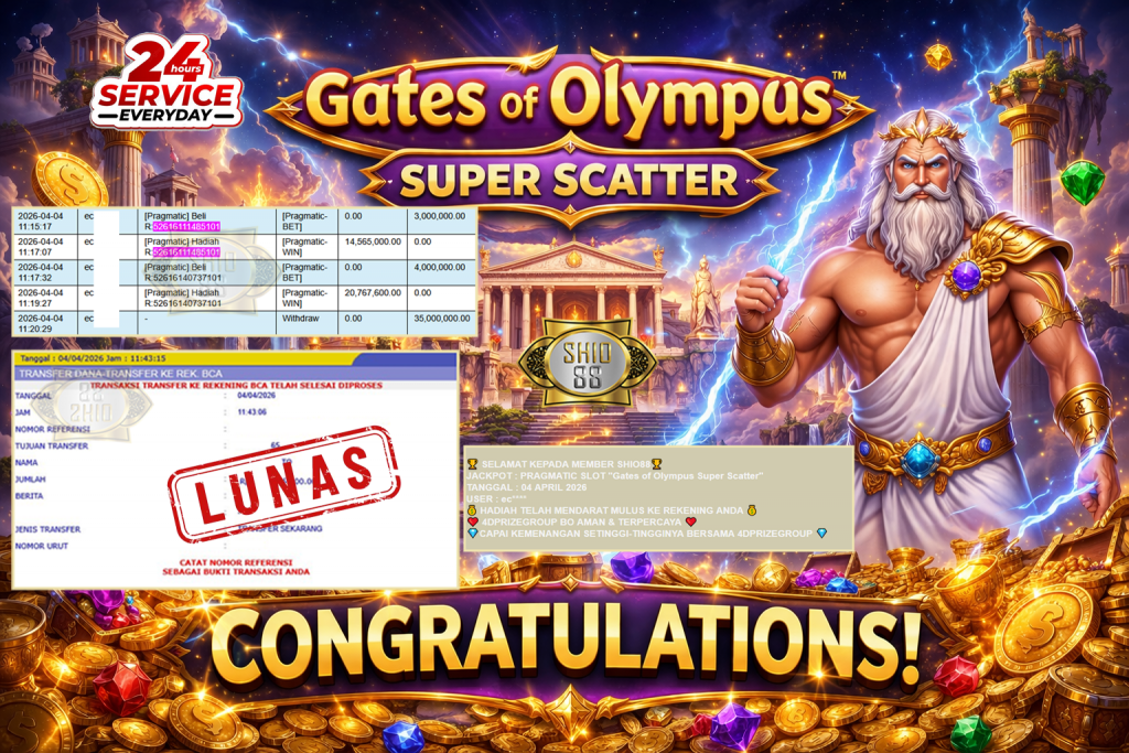 SHIO88 JACKPOT PRAGMATIC SLOT “Gates of Olympus Super Scatter” Rp35.000.000,- LUNAS