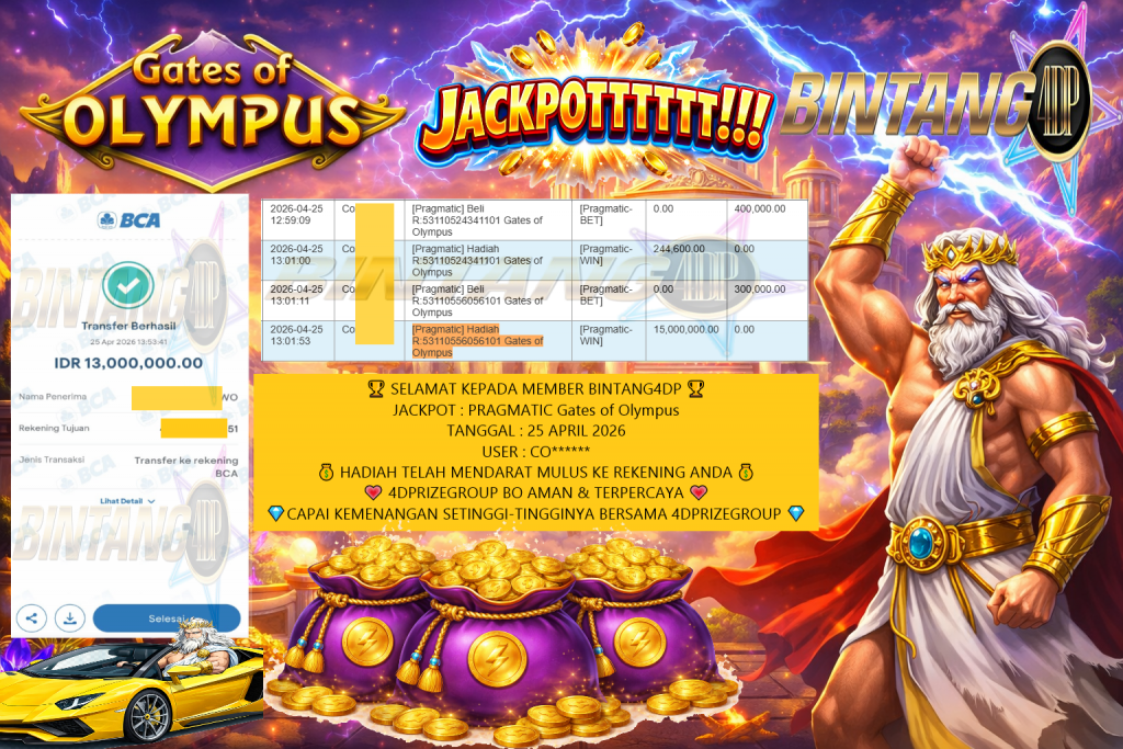 BINTANG4DP JACKPOT PRAGMATIC Gates of Olympus Rp13.000.000,- LUNAS