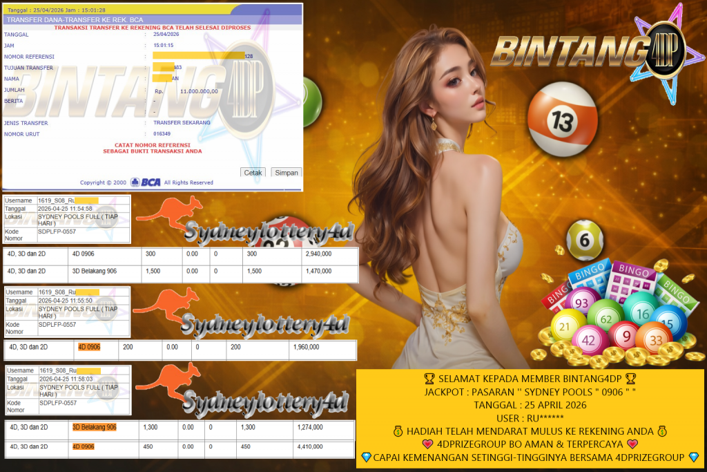 BINTANG4DP JACKPOT TOGEL PASARAN SYDNEY POOLS “0906” Rp11.000.000,- LUNAS