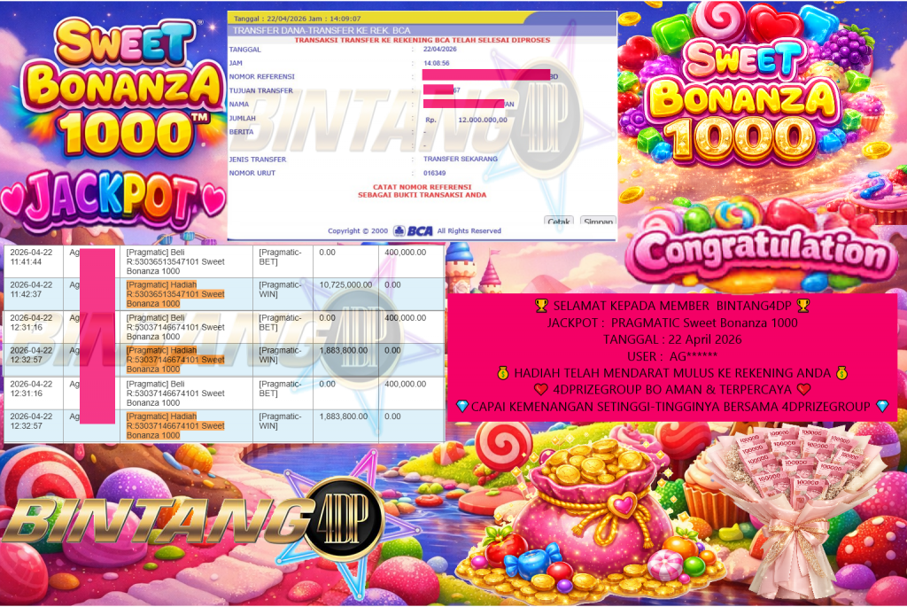 BINTANG4DP JACKPOT PRAGMATIC Sweet Bonanza 1000 Rp12.000.000,- LUNAS