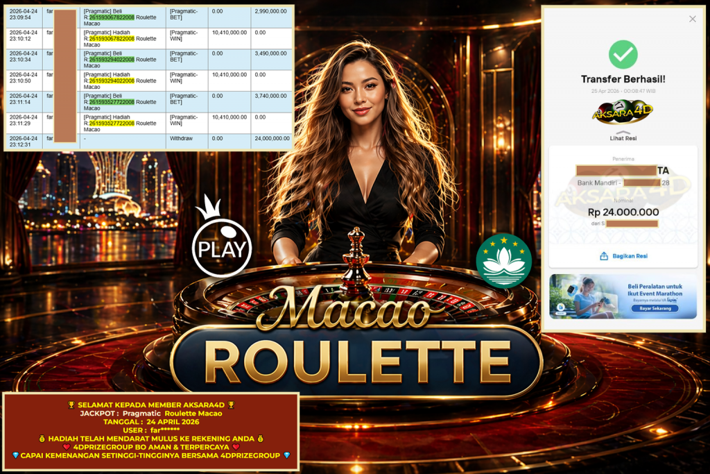 AKSARA4D JACKPOT PRAGMATIC LIVE GAME ” Roulette Macao ” ‎‏‏‎Rp 24.000.000,- LUNAS