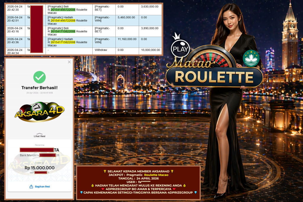 AKSARA4D JACKPOT PRAGMATIC LIVE GAME ” Roulette Macao ” ‎‏‏‎Rp 15.000.000,- LUNAS