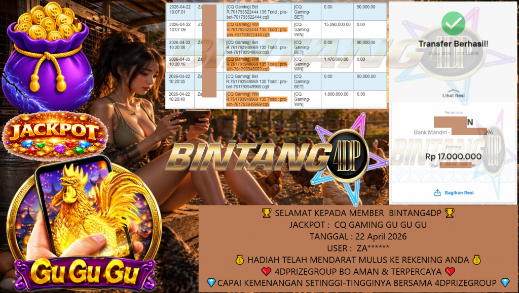 BINTANG4DP JACKPOT CQ GAMING GU GU GU Rp17.000.000,- LUNAS