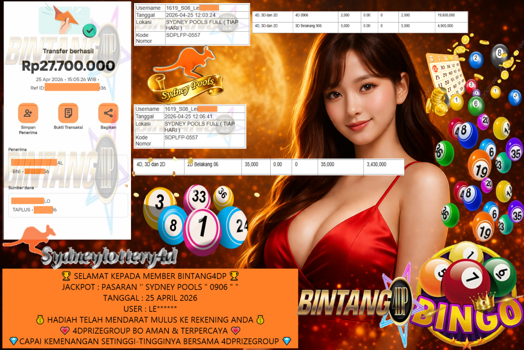 BINTANG4DP JACKPOT TOGEL PASARAN SYDNEY POOLS “0906” Rp27.700.000,- LUNAS