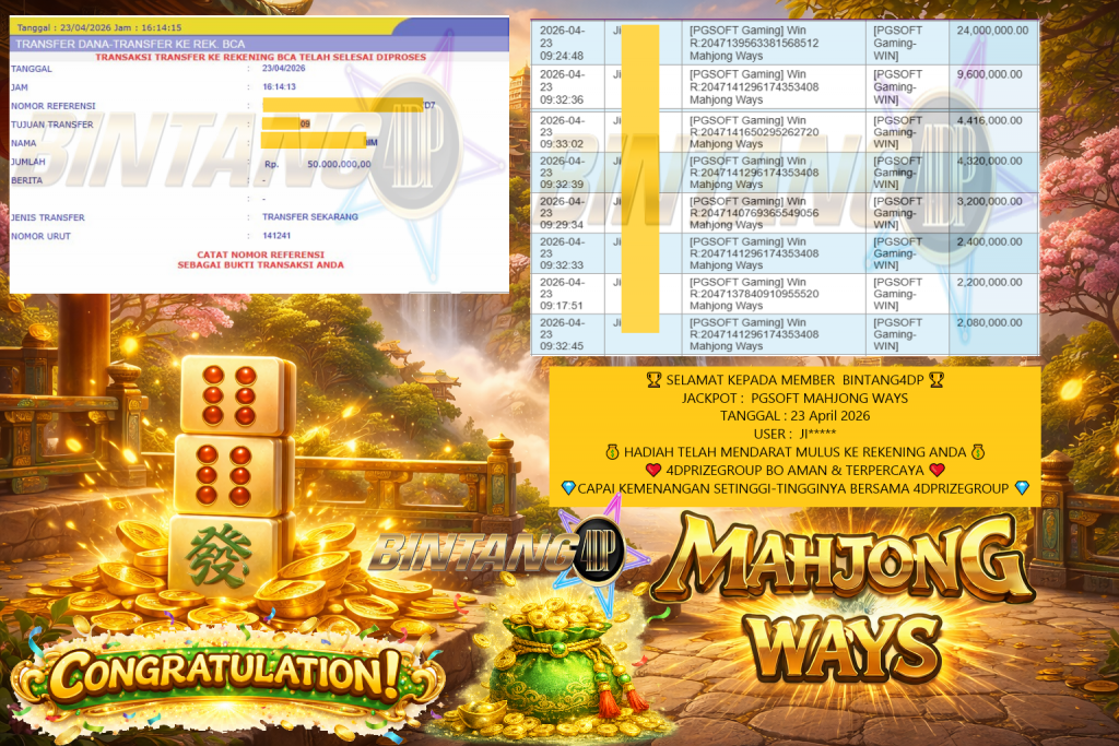 BINTANG4DP JACKPOT PRAGMATIC  PGSOFT “Mahjong Ways”‎‏‏‎‎ Rp50.000.000,- LUNAS