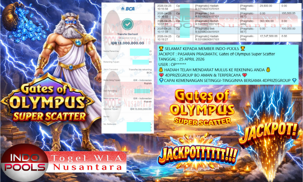 INDO-POOLS JACKPOT PRAGMATIC Gates of Olympus Super Scatter Rp13.000.000,- LUNAS