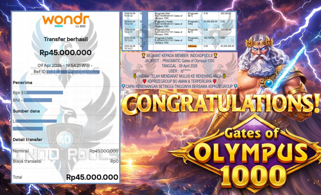 INDO4DPOOLS JACKPOT PRAGMATIC ” Gates of Olympus 1000 ” Rp 45,000,000,- LUNAS