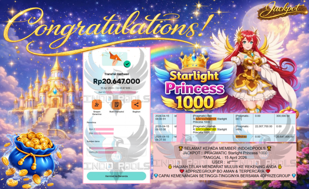 INDO4DPOOLS JACKPOT PRAGMATIC ” Starlight Princess 1000 ” Rp 20,647,000,- LUNAS