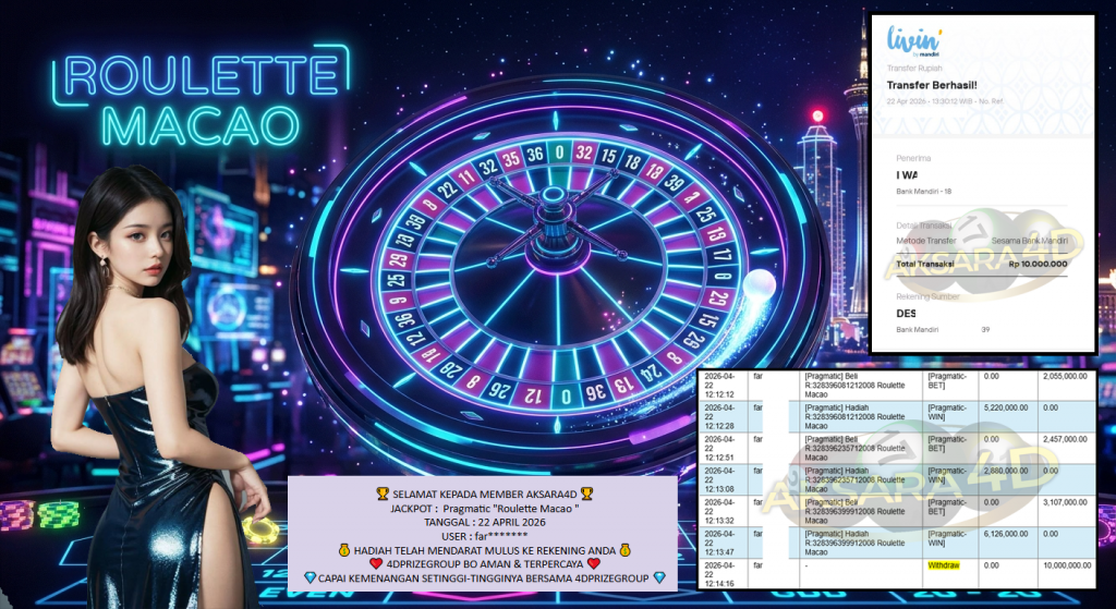 AKSARA4D JACKPOT PRAGMATIC “Roulette Macao”‎‏‏‎‎ Rp10.000.000,- LUNAS