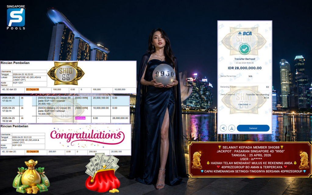 SHIO88 JACKPOT PASARAN SINGAPORE 4D “9950” Rp28.000.000,- LUNAS