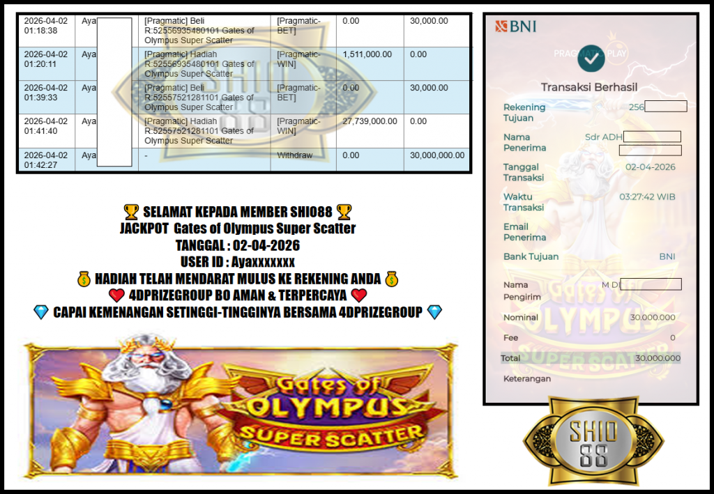 SHIO88 JACKPOT PRAGMATIC ” Gates of Olympus Super Scatter “‎‏‏‎‎                 Rp.30.000.000,- LUNAS